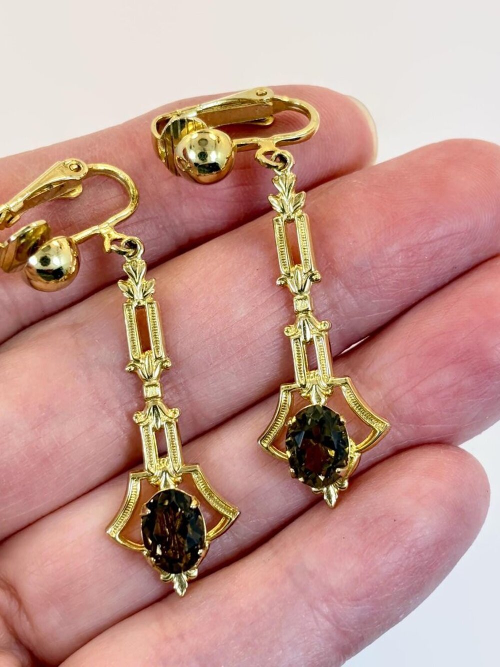 Vintage Earrings, Victorian Revival, Clip-Ons, Smoky Quartz, Gold Tone, NOS